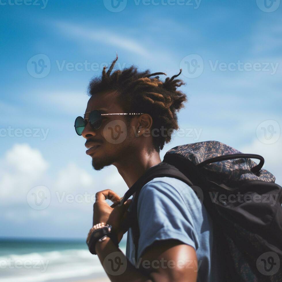 ai generado un fotografía de viajero o mochilero en el playa con un muchos estilo y muchos ángulo foto