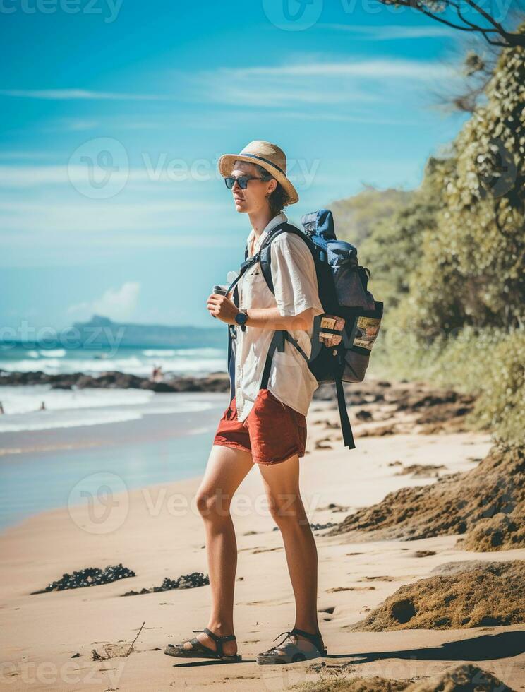 AI generated a photograph of traveler or backpaker in the beach with a many style and many angle photo