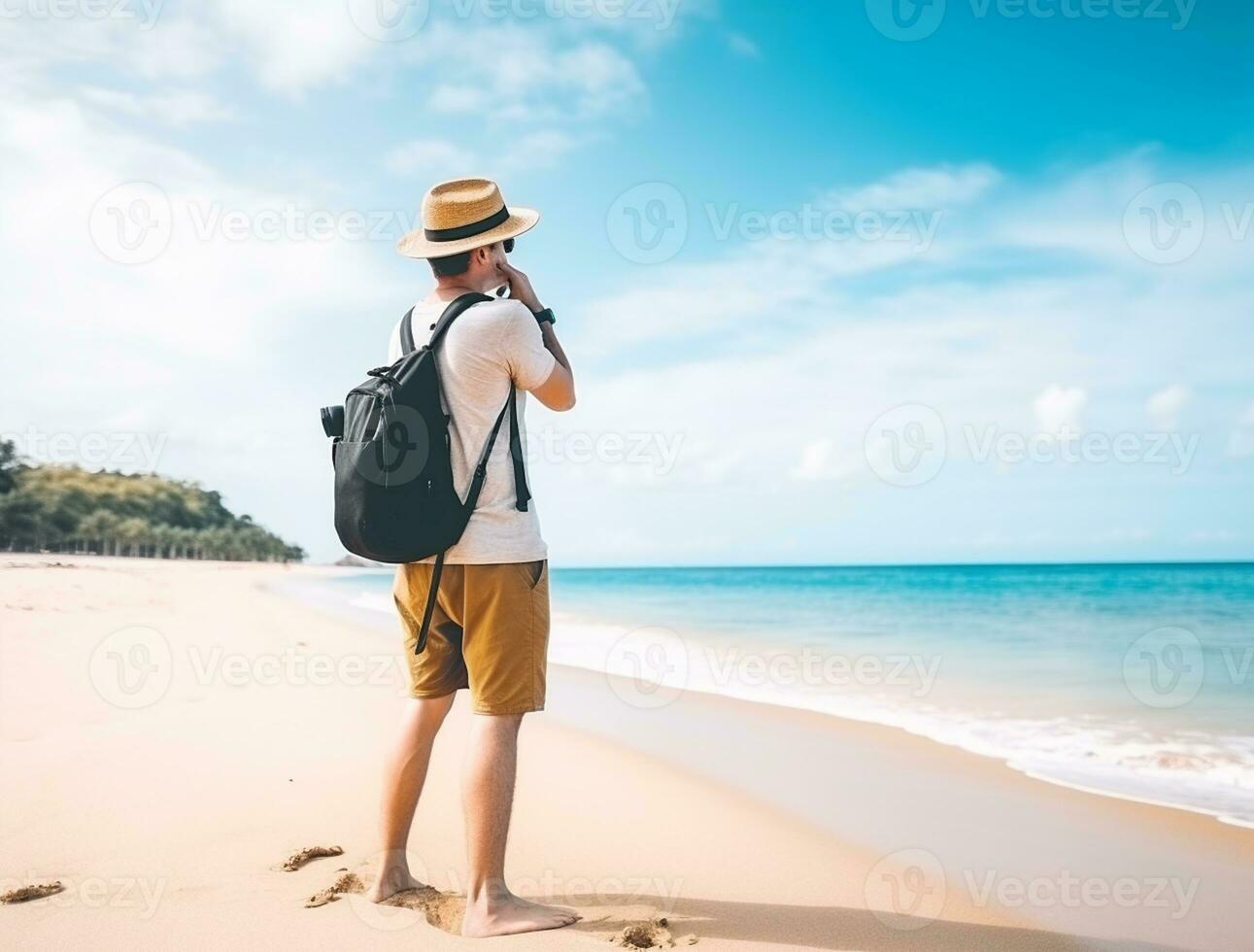 AI generated a photograph of traveler or backpaker in the beach with a many style and many angle photo