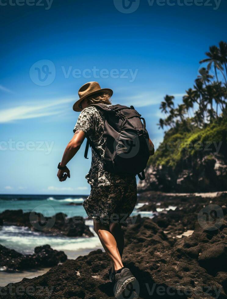 AI generated a photograph of traveler or backpaker in the beach with a many style and many angle photo