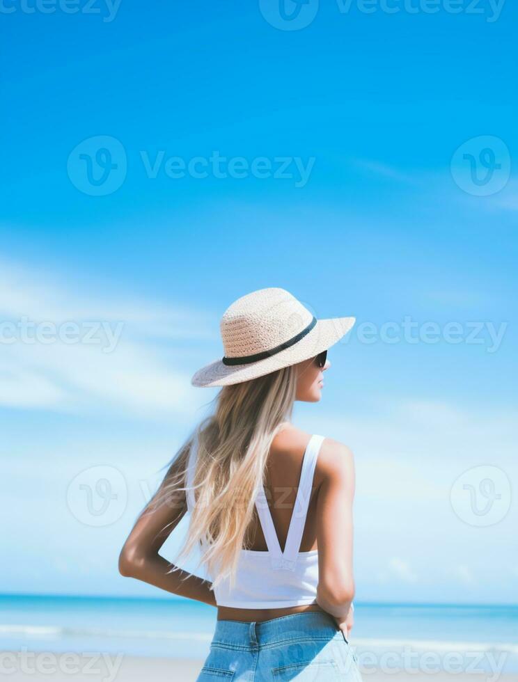 AI generated a photograph of traveler or backpaker in the beach with a many style and many angle photo
