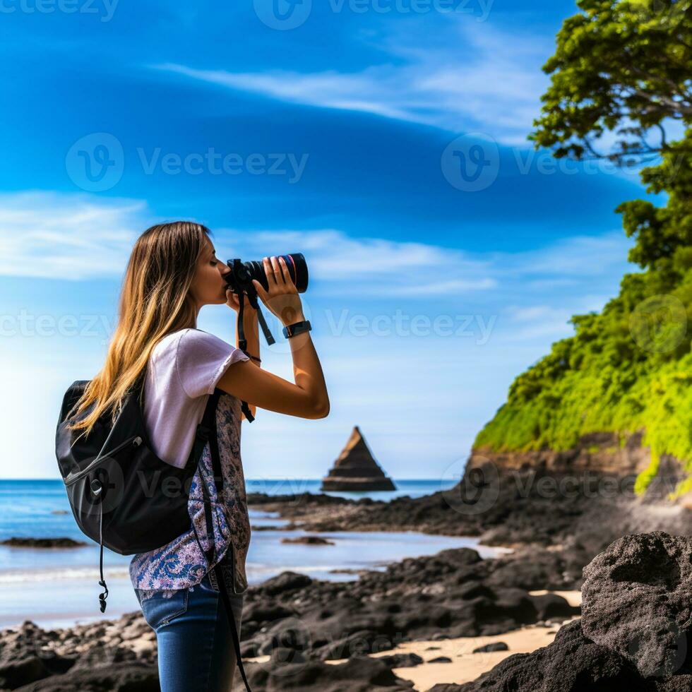 AI generated a photograph of traveler or backpaker in the beach with a many style and many angle photo