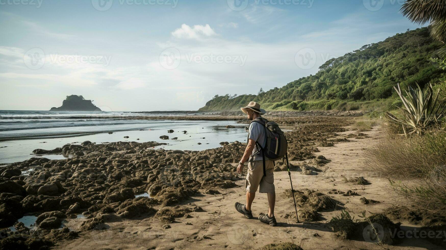 AI generated a photograph of traveler or backpaker in the beach with a many style and many angle photo