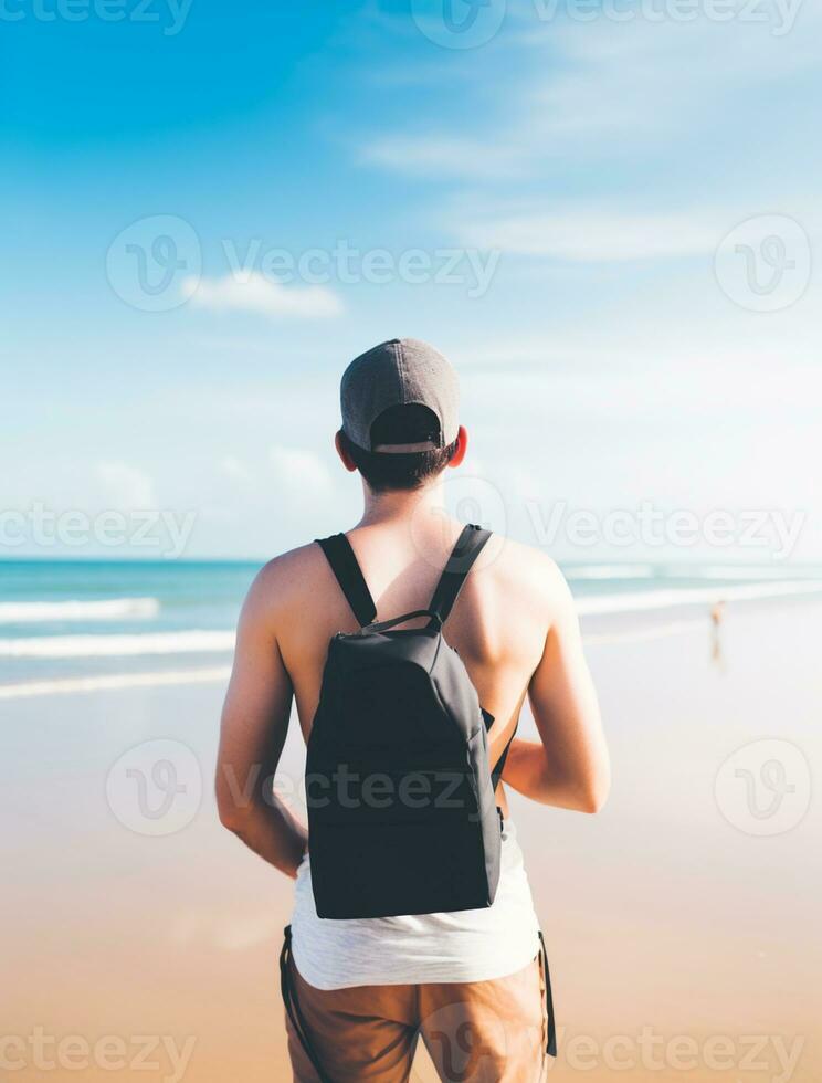 AI generated a photograph of traveler or backpaker in the beach with a many style and many angle photo