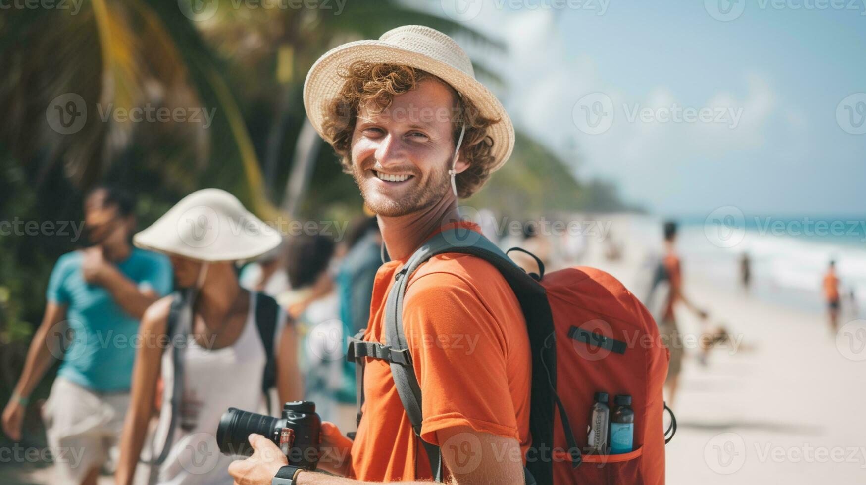 AI generated a photograph of traveler or backpaker in the beach with a many style and many angle photo