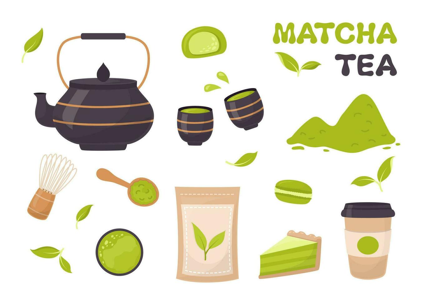 Matcha tea. Set of tea matcha powder, teapot, tea leaves, whisk, spoon, traditional cup and matcha dessert in flat style. Tools for Japanese matcha tea ceremony. vector