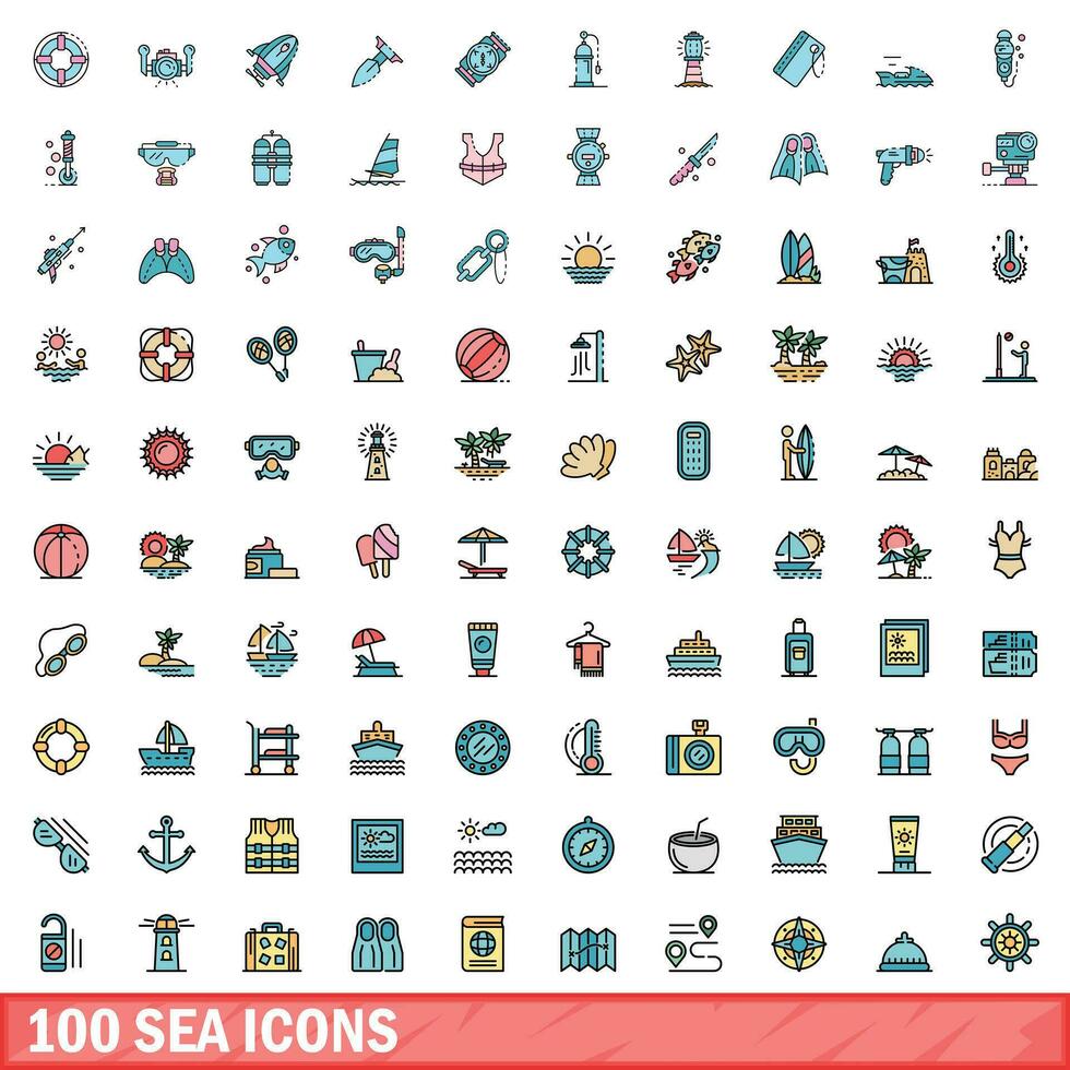 100 sea icons set, color line style vector