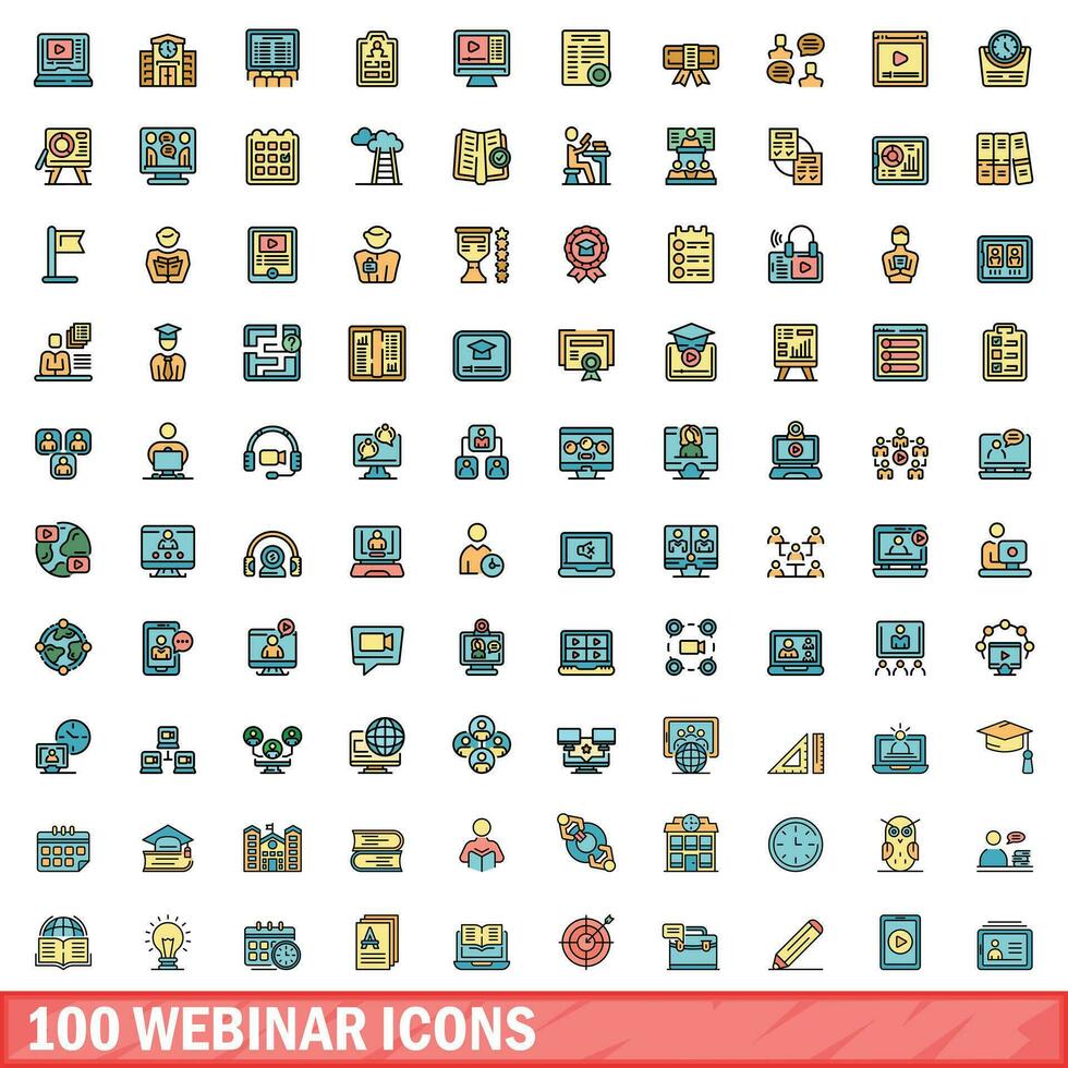 100 webinar icons set, color line style vector