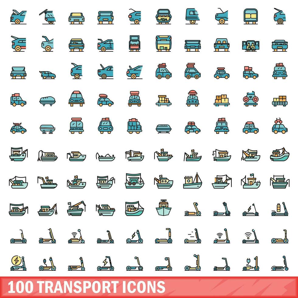 100 transport icons set, color line style vector