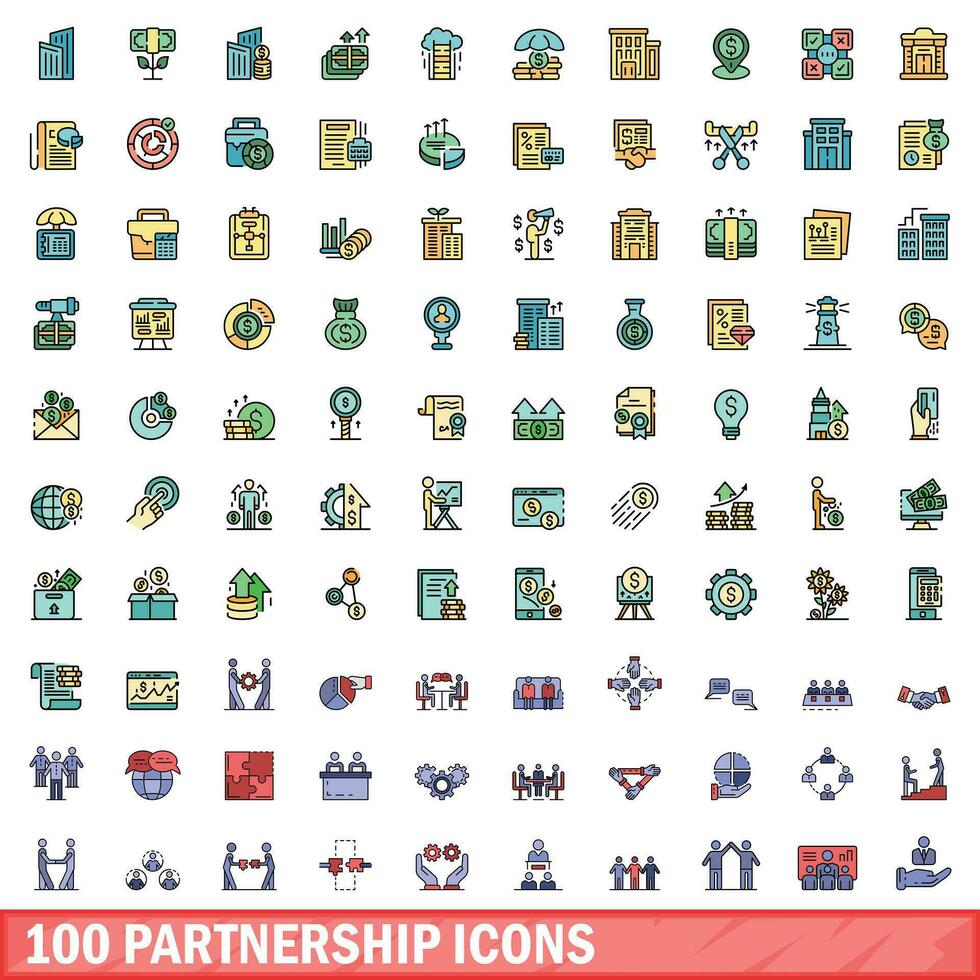 100 partnership icons set, color line style vector