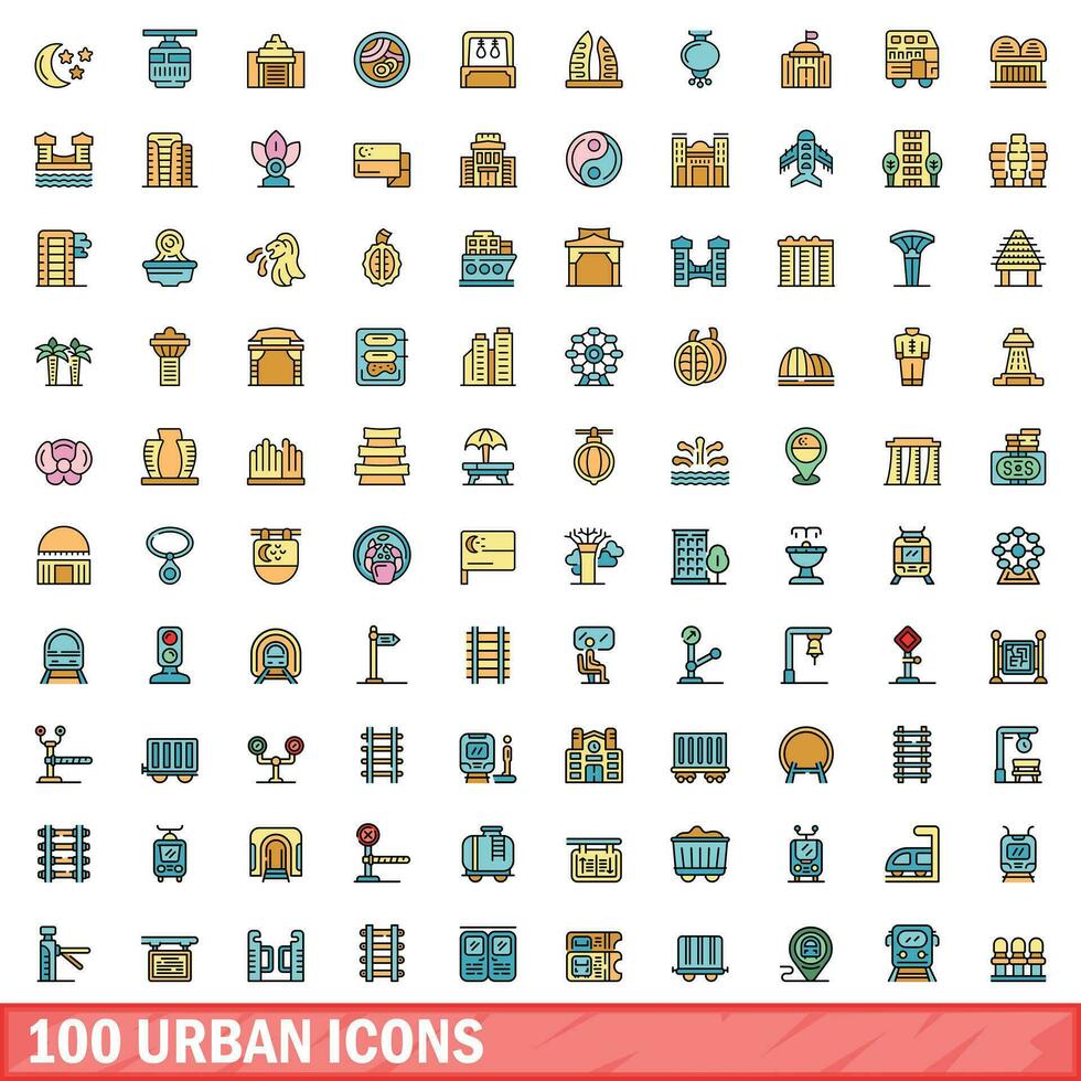 100 urban icons set, color line style vector