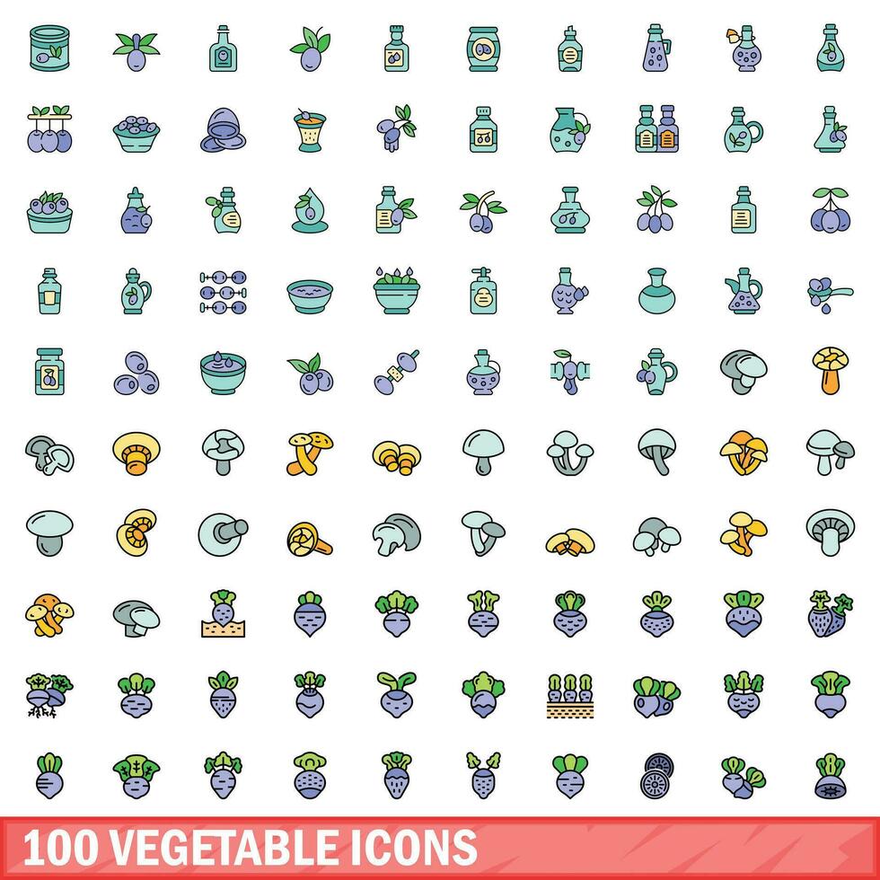 100 vegetable icons set, color line style vector