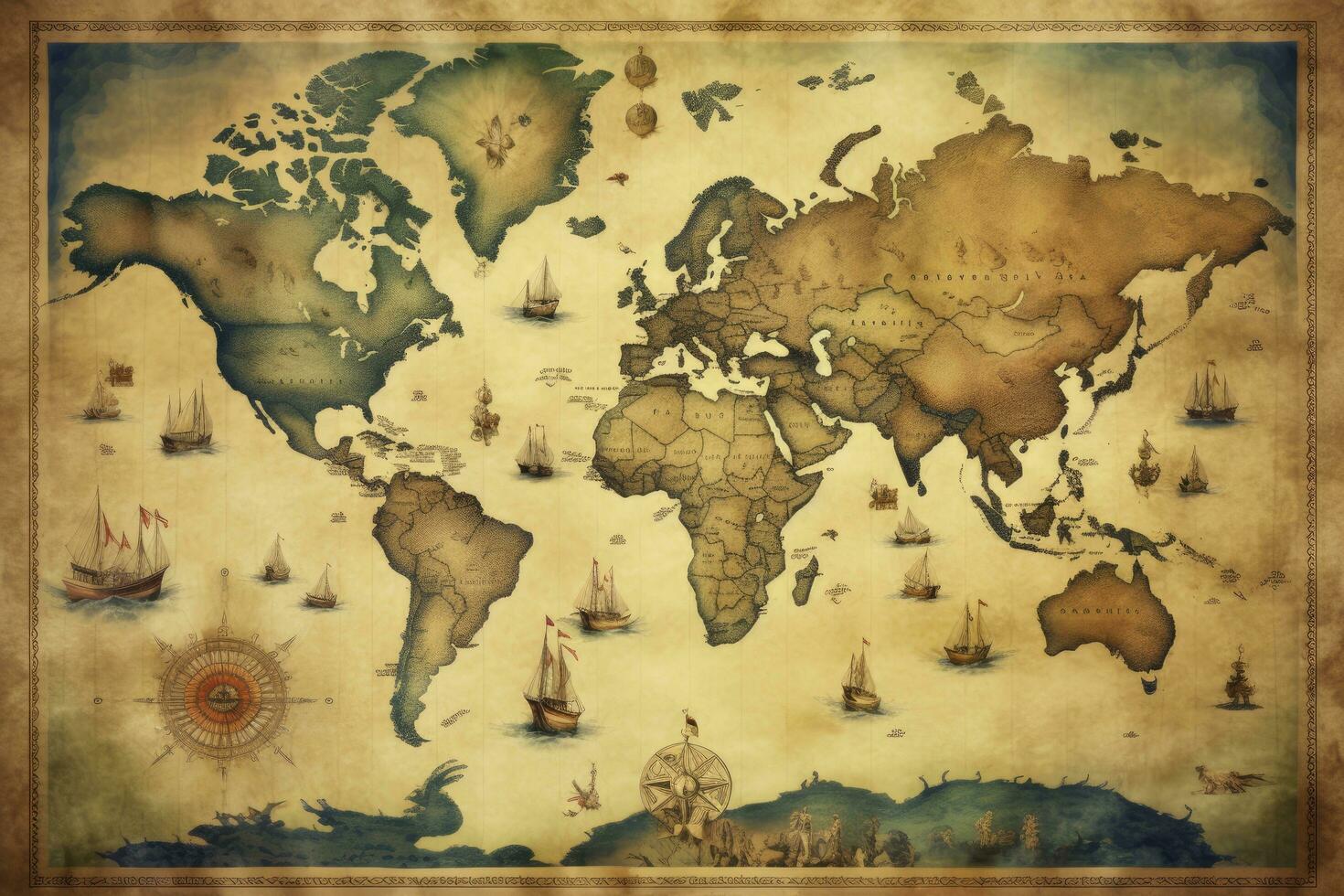 AI generated Great detailed illustration of the world map in vintage style. AI Generated photo