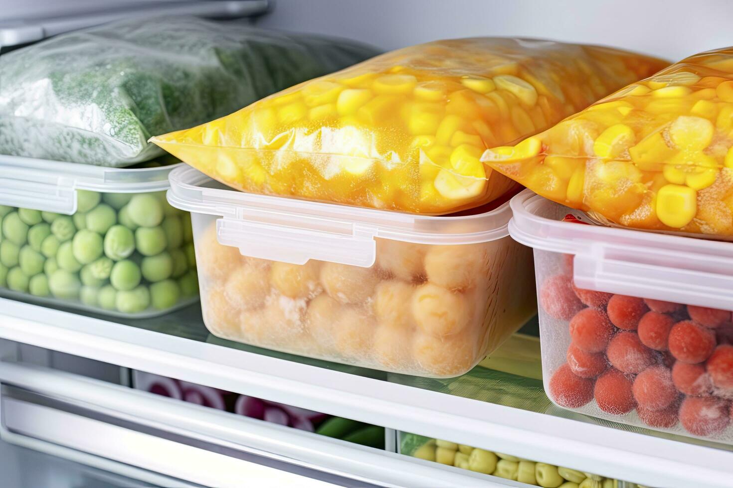 AI generated Frozen food in the freezer. Frozen vegetables. AI Generated photo