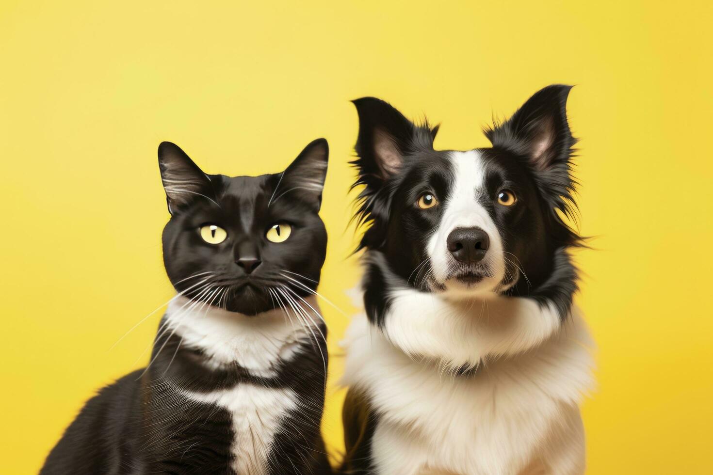 ai generado gato y perro juntos con contento expresiones en amarillo antecedentes. ai generado foto