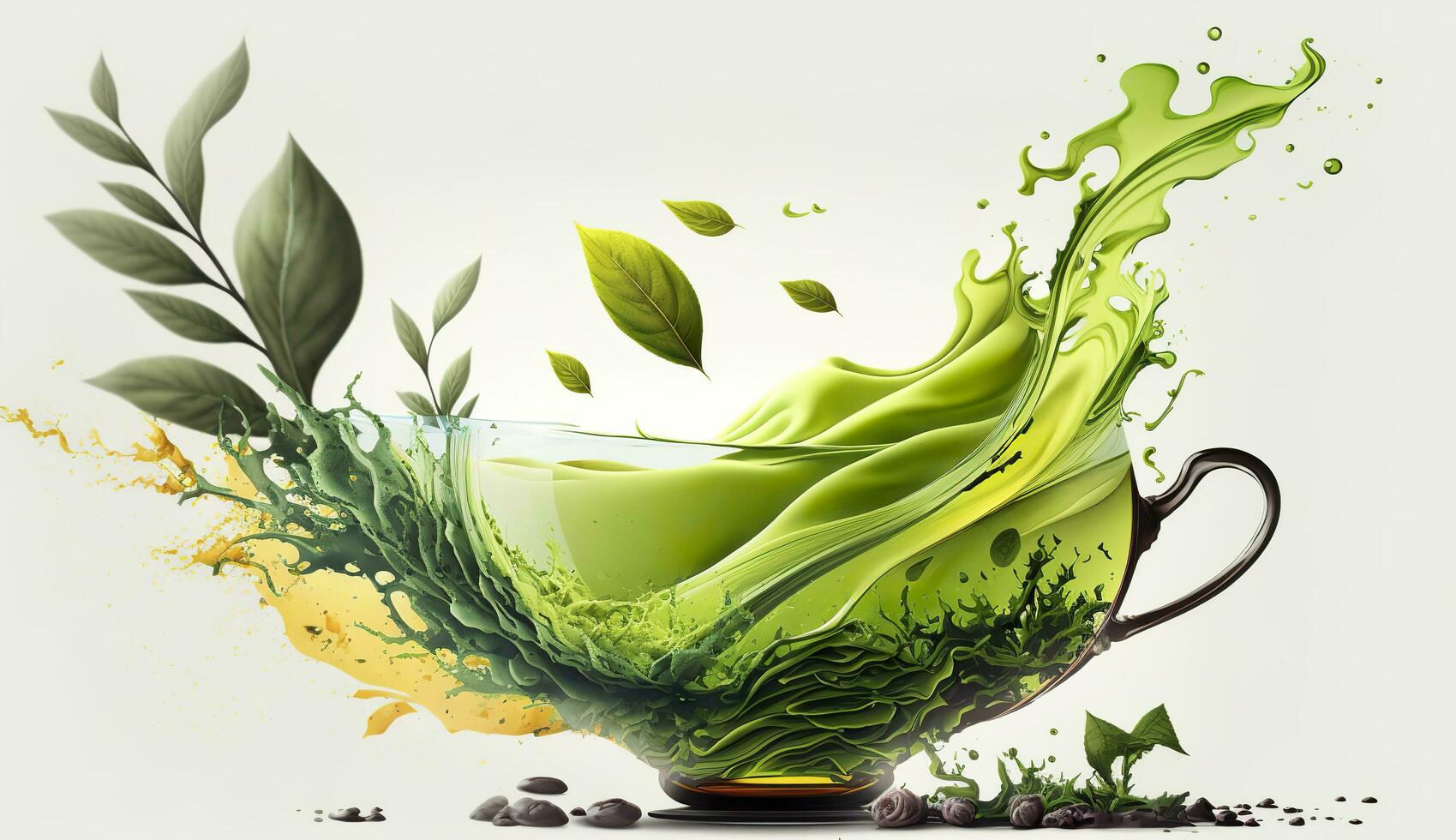 AI generated Green herbal tea wave splash with leaves flow. AI Generated photo