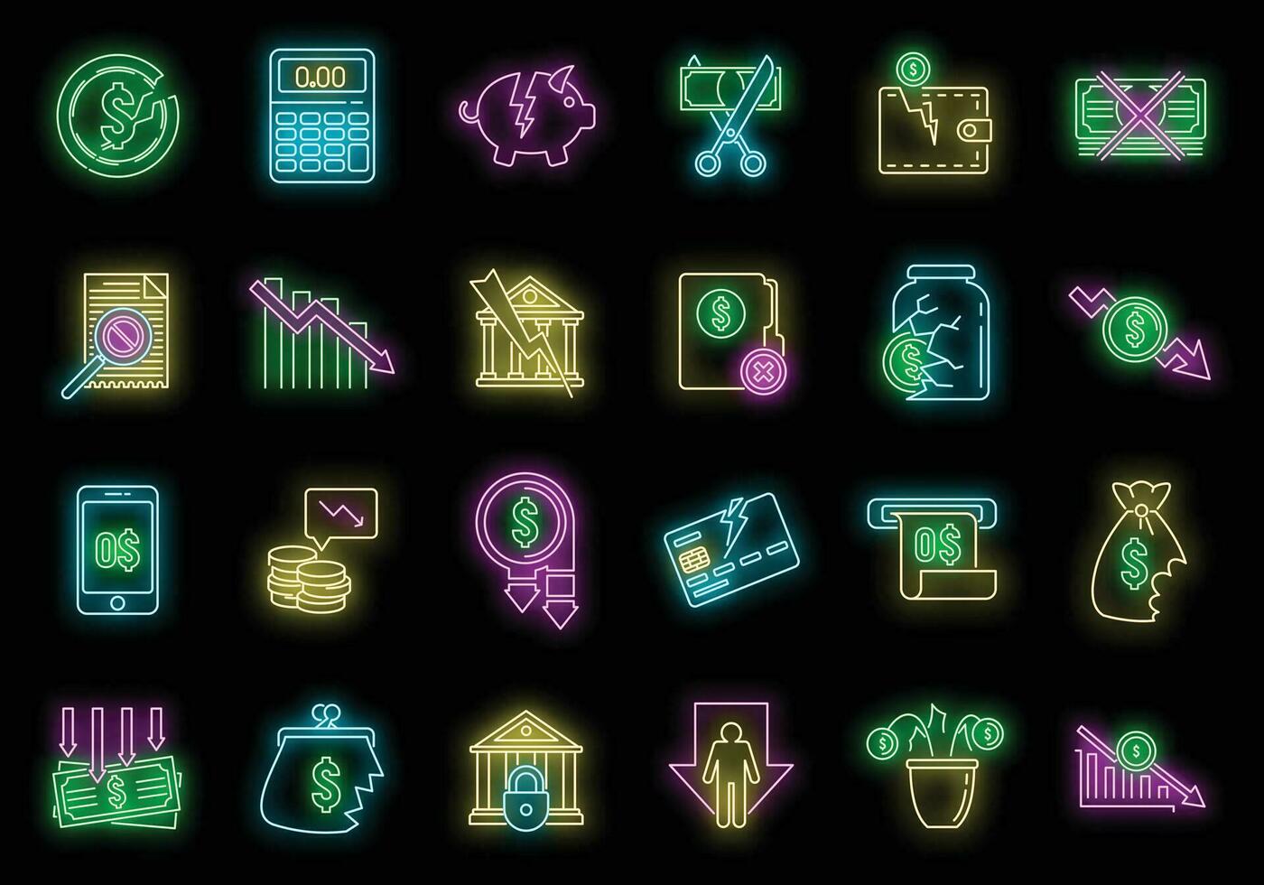 Bankrupt business icon set vector neon