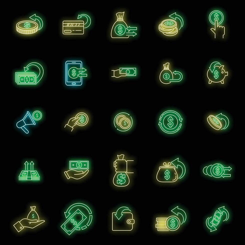 Cash back refund icons set vector neon