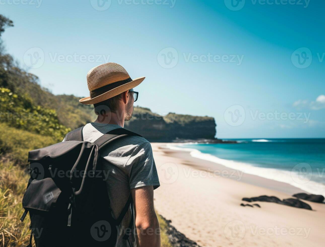 AI generated a photograph of traveler or backpaker in the beach with a many style and many angle photo