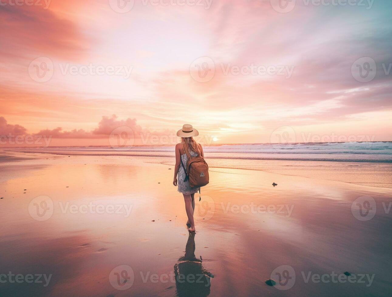 AI generated a photograph of traveler or backpaker in the beach with a many style and many angle photo