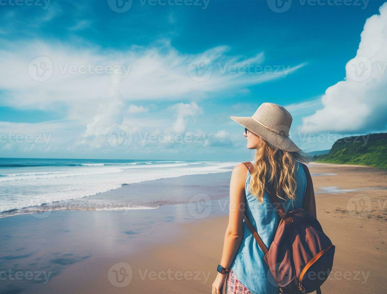 AI generated a photograph of traveler or backpaker in the beach with a many style and many angle photo