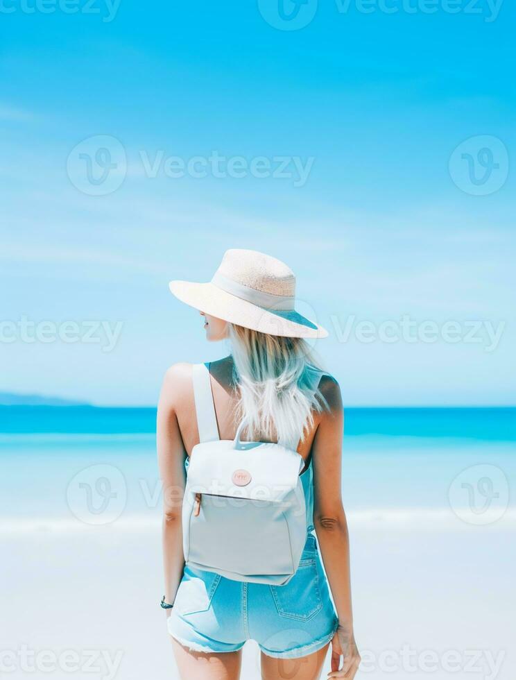 AI generated a photograph of traveler or backpaker in the beach with a many style and many angle photo