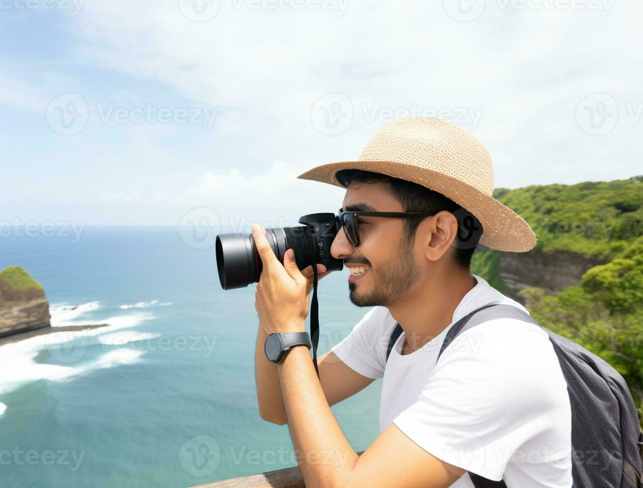 AI generated a photograph of traveler or backpaker in the beach with a many style and many angle photo