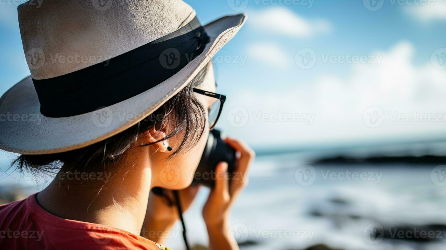 AI generated a photograph of traveler or backpaker in the beach with a many style and many angle photo