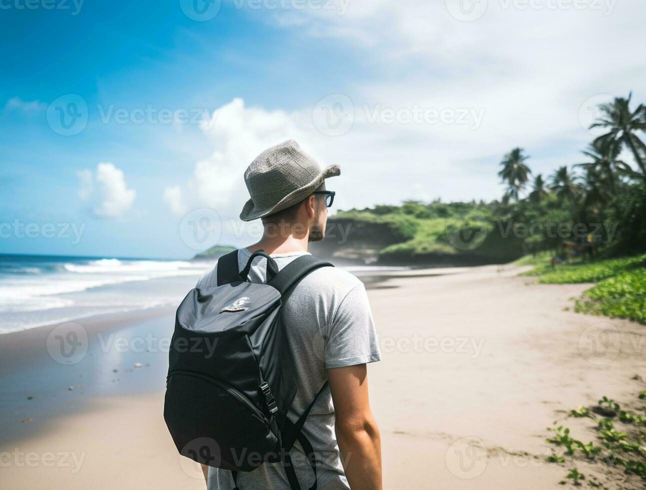 AI generated a photograph of traveler or backpaker in the beach with a many style and many angle photo