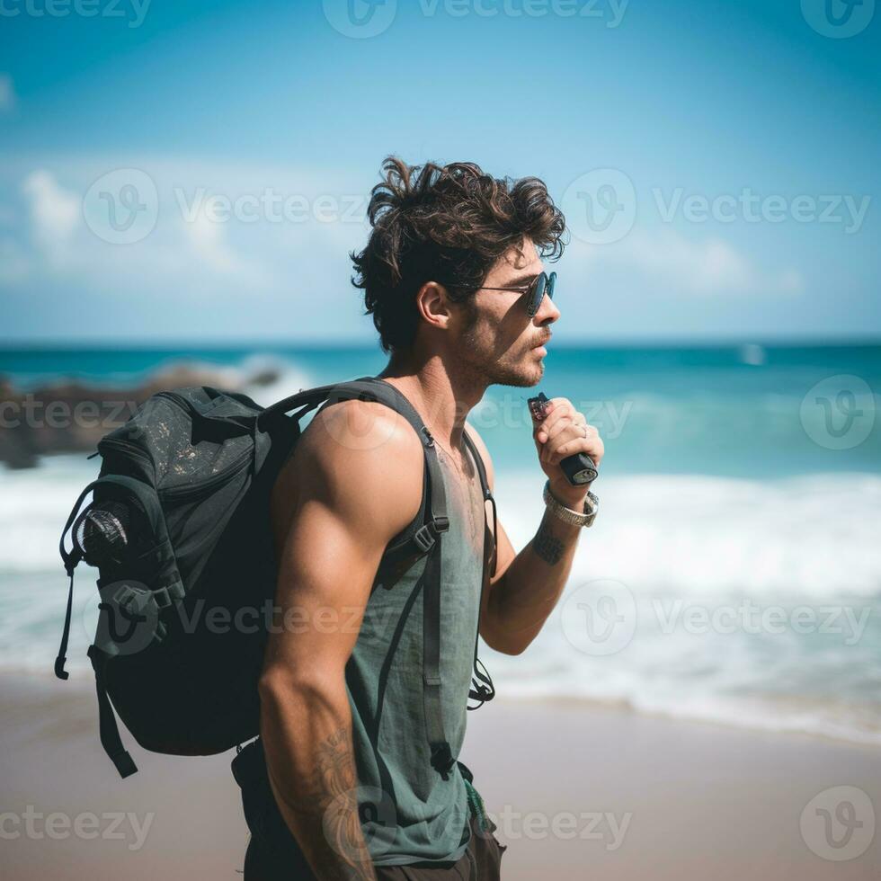 AI generated a photograph of traveler or backpaker in the beach with a many style and many angle photo