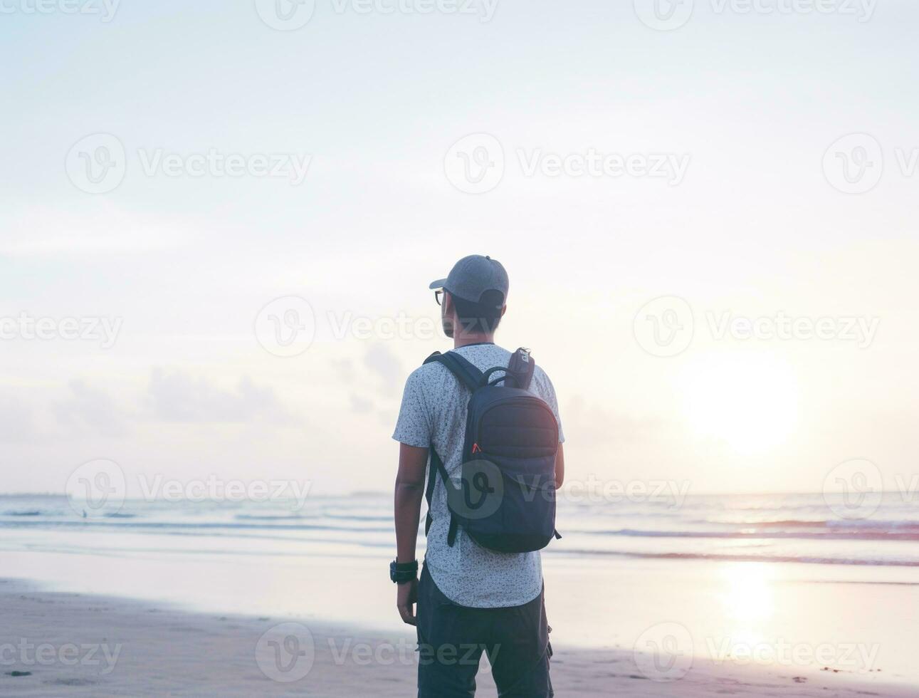 AI generated a photograph of traveler or backpaker in the beach with a many style and many angle photo
