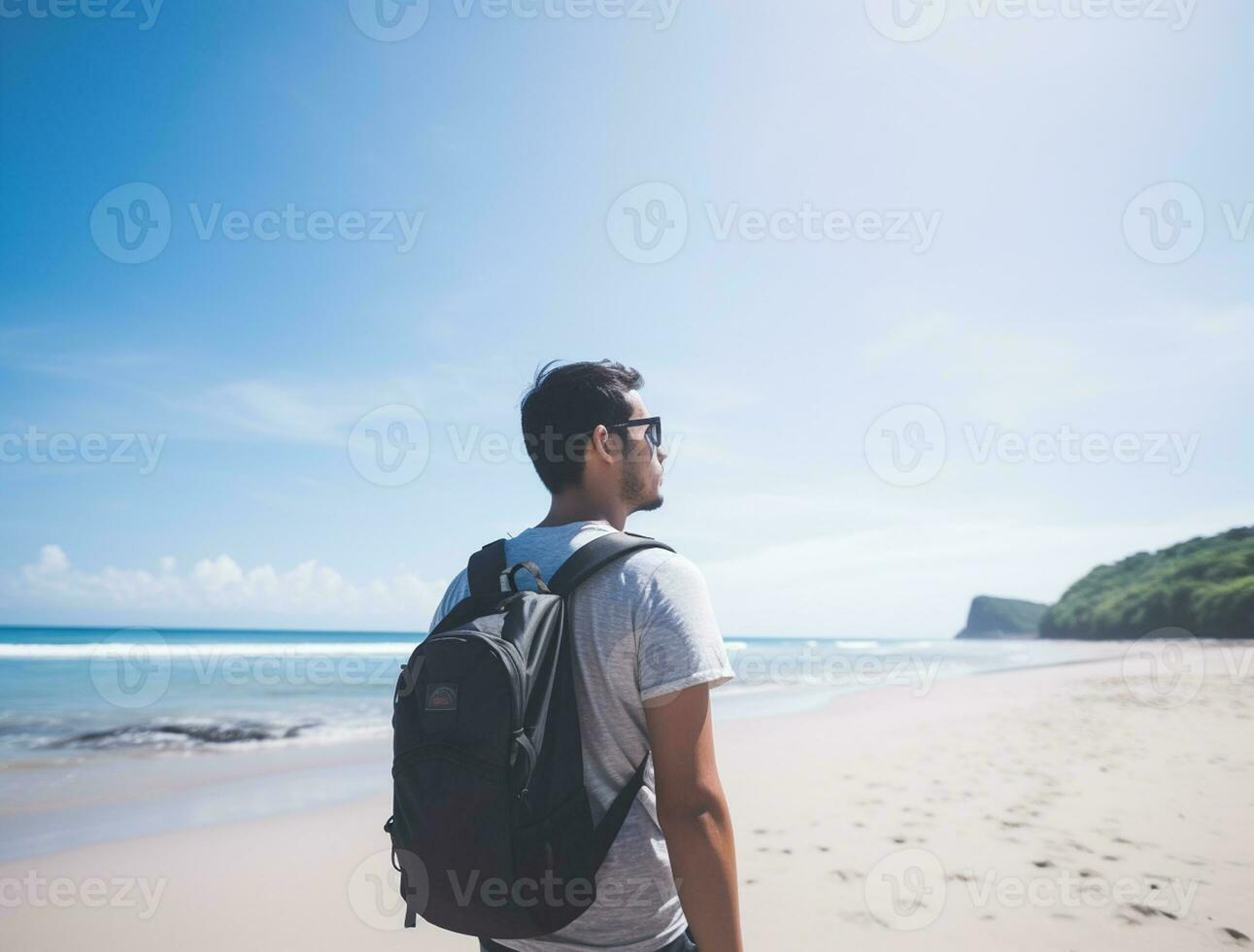 AI generated a photograph of traveler or backpaker in the beach with a many style and many angle photo