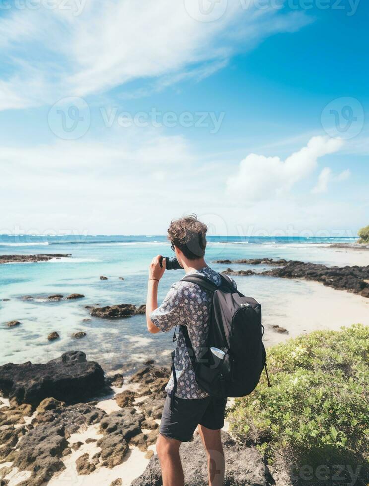 AI generated a photograph of traveler or backpaker in the beach with a many style and many angle photo