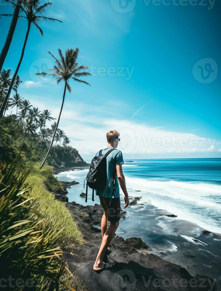 AI generated a photograph of traveler or backpaker in the beach with a many style and many angle photo