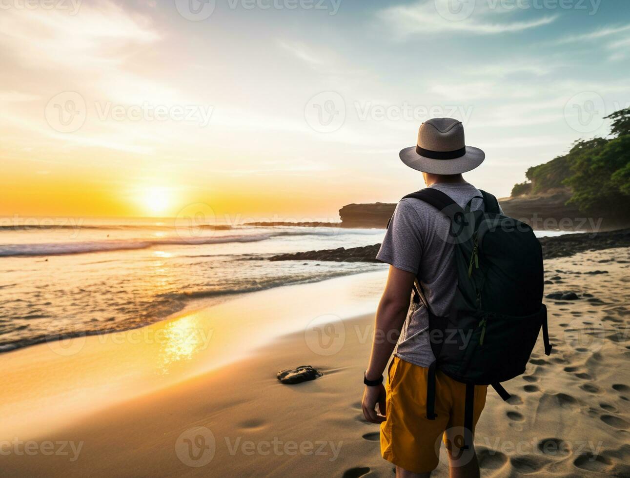 AI generated a photograph of traveler or backpaker in the beach with a many style and many angle photo