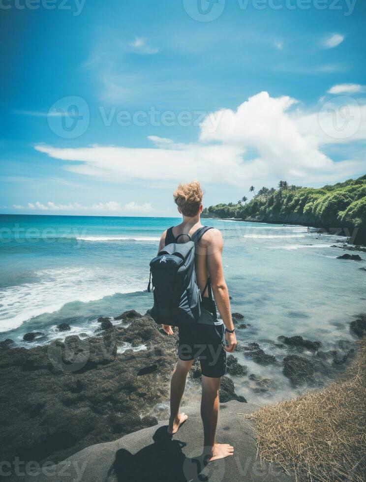 AI generated a photograph of traveler or backpaker in the beach with a many style and many angle photo