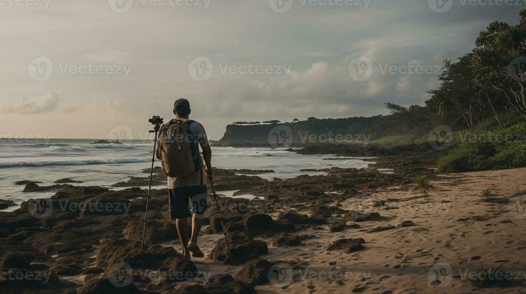AI generated a photograph of traveler or backpaker in the beach with a many style and many angle photo