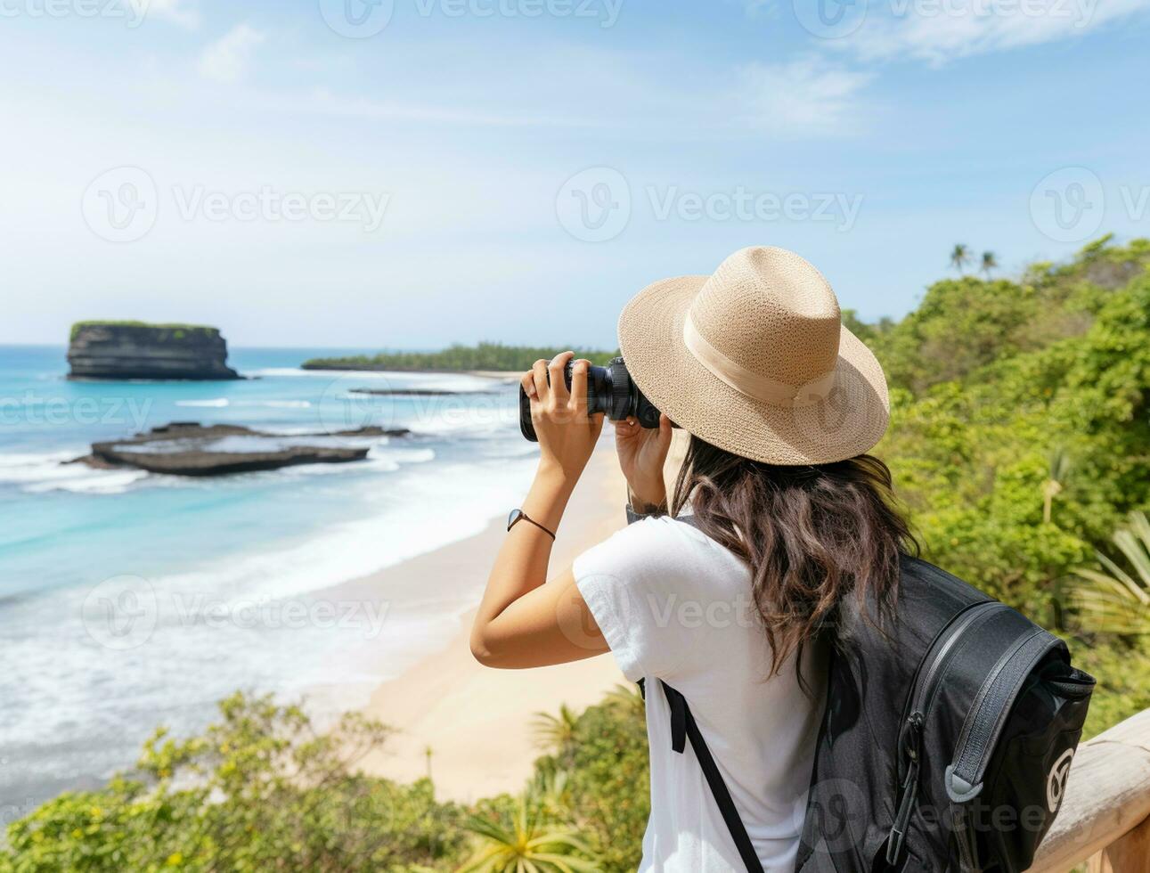 AI generated a photograph of traveler or backpaker in the beach with a many style and many angle photo