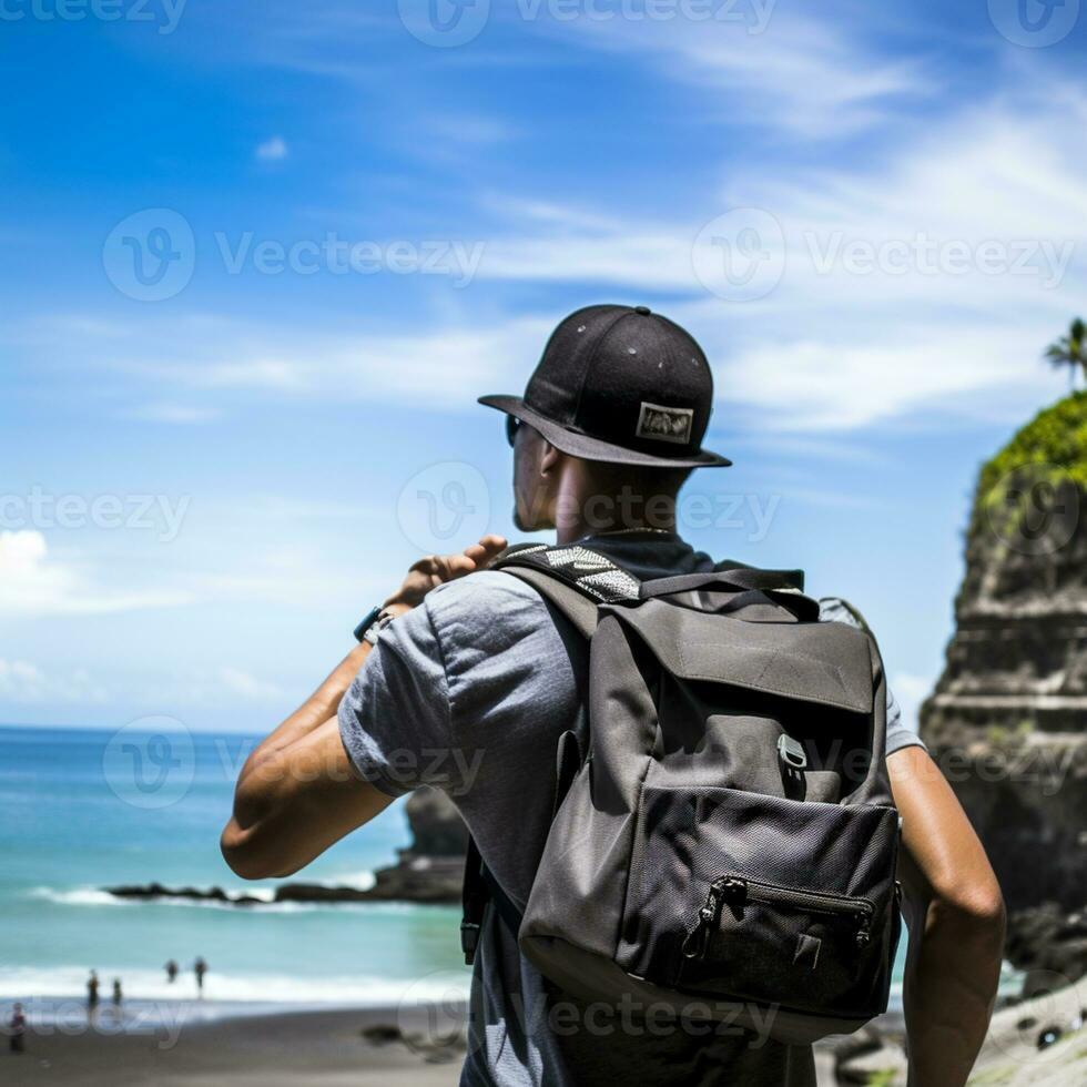 AI generated a photograph of traveler or backpaker in the beach with a many style and many angle photo