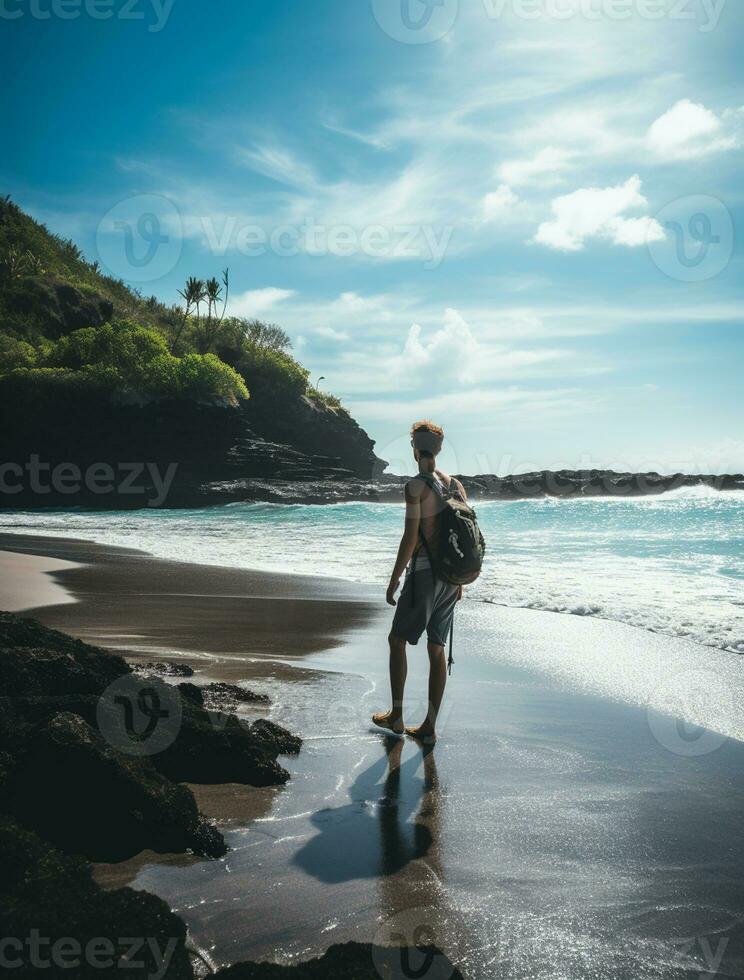 ai generado un fotografía de viajero o mochilero en el playa con un muchos estilo y muchos ángulo foto