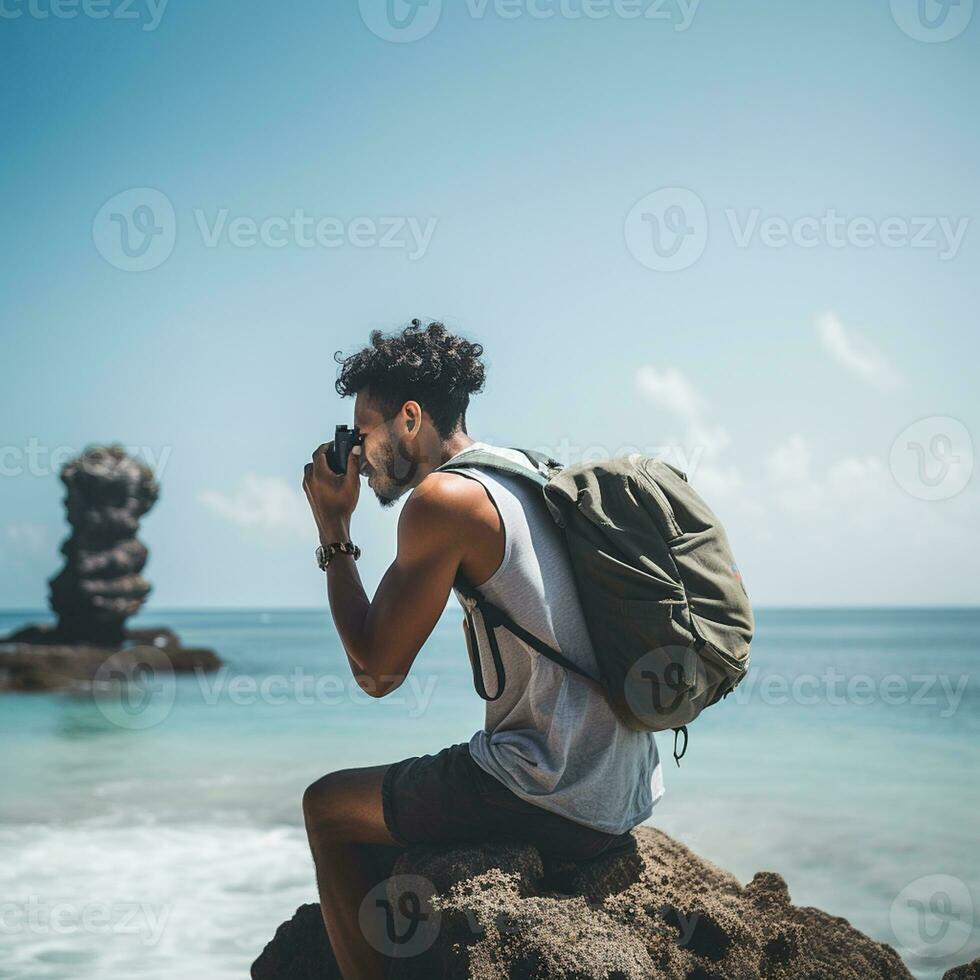 AI generated a photograph of traveler or backpaker in the beach with a many style and many angle photo