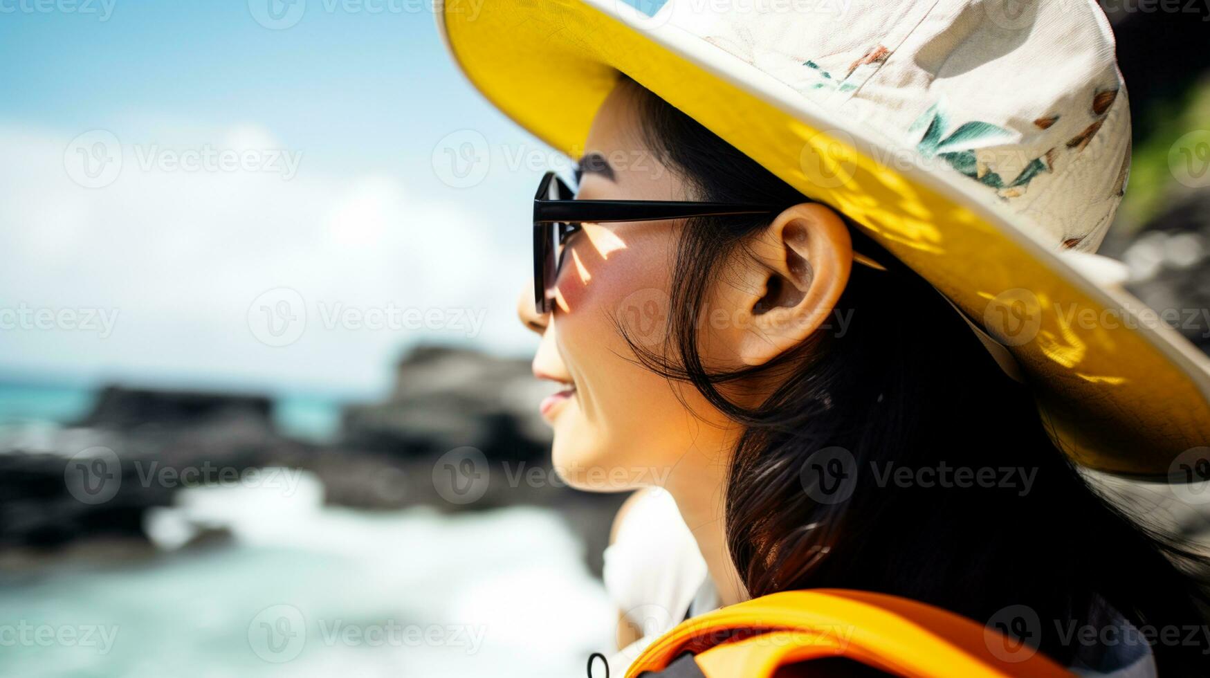 AI generated a photograph of traveler or backpaker in the beach with a many style and many angle photo