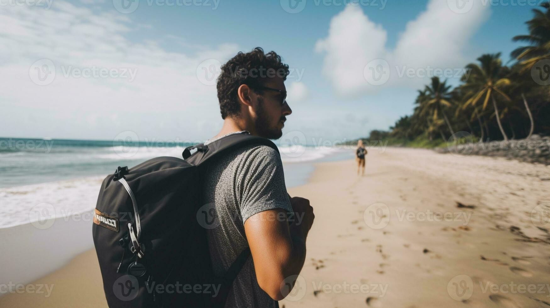 AI generated a photograph of traveler or backpaker in the beach with a many style and many angle photo