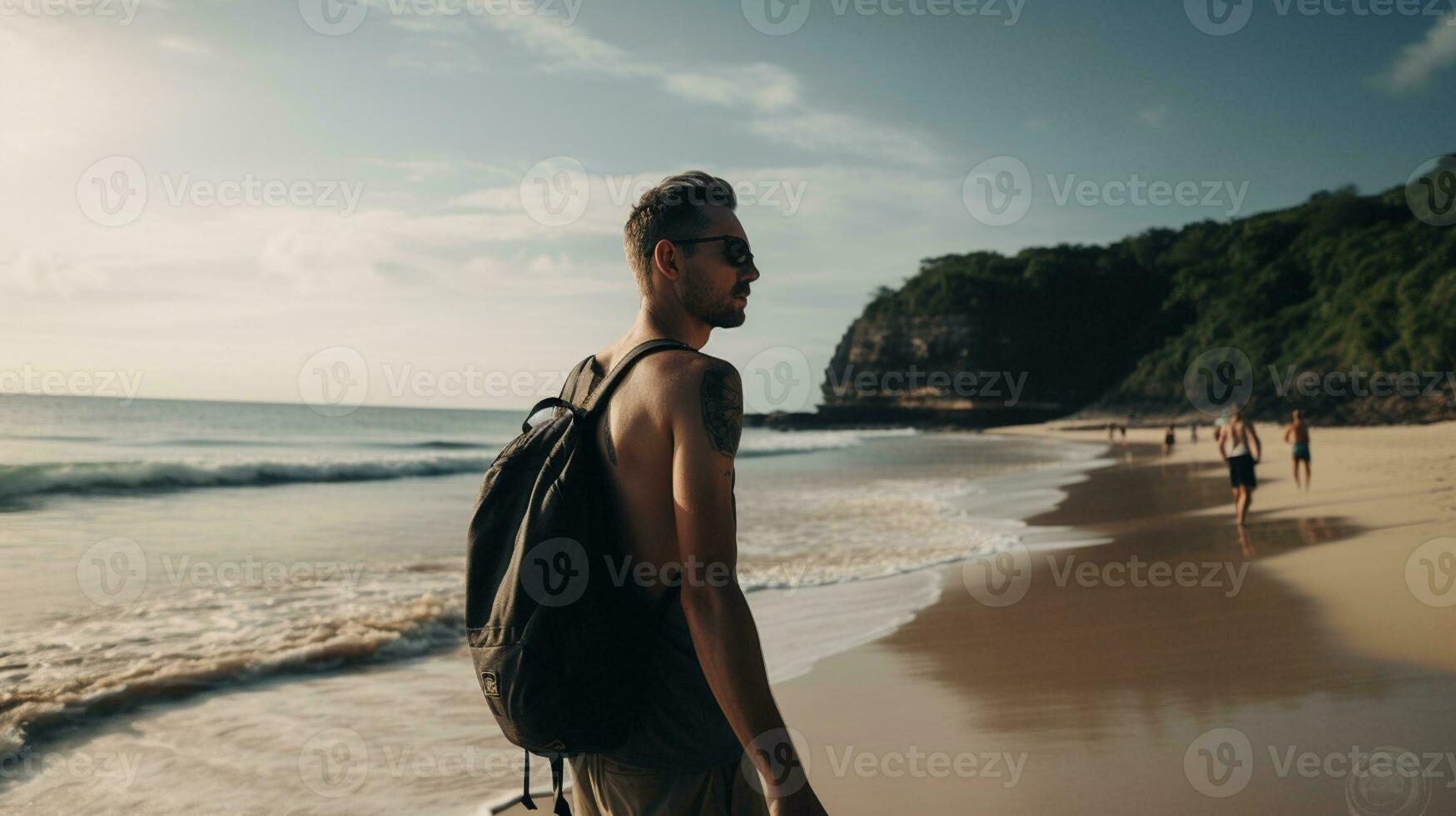 AI generated a photograph of traveler or backpaker in the beach with a many style and many angle photo