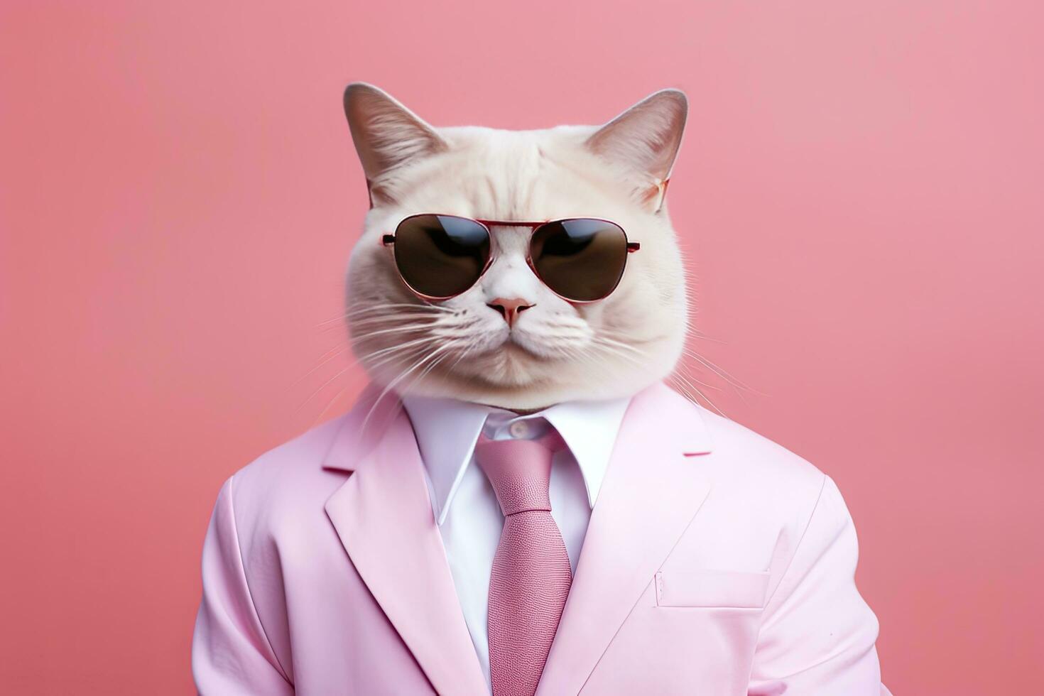 ai generado un gato es vistiendo Gafas de sol y traje en rosado antecedentes. ai generado foto