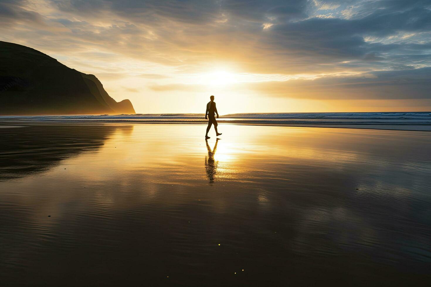 AI generated A person walking on the beach at sunset. AI Generated. photo