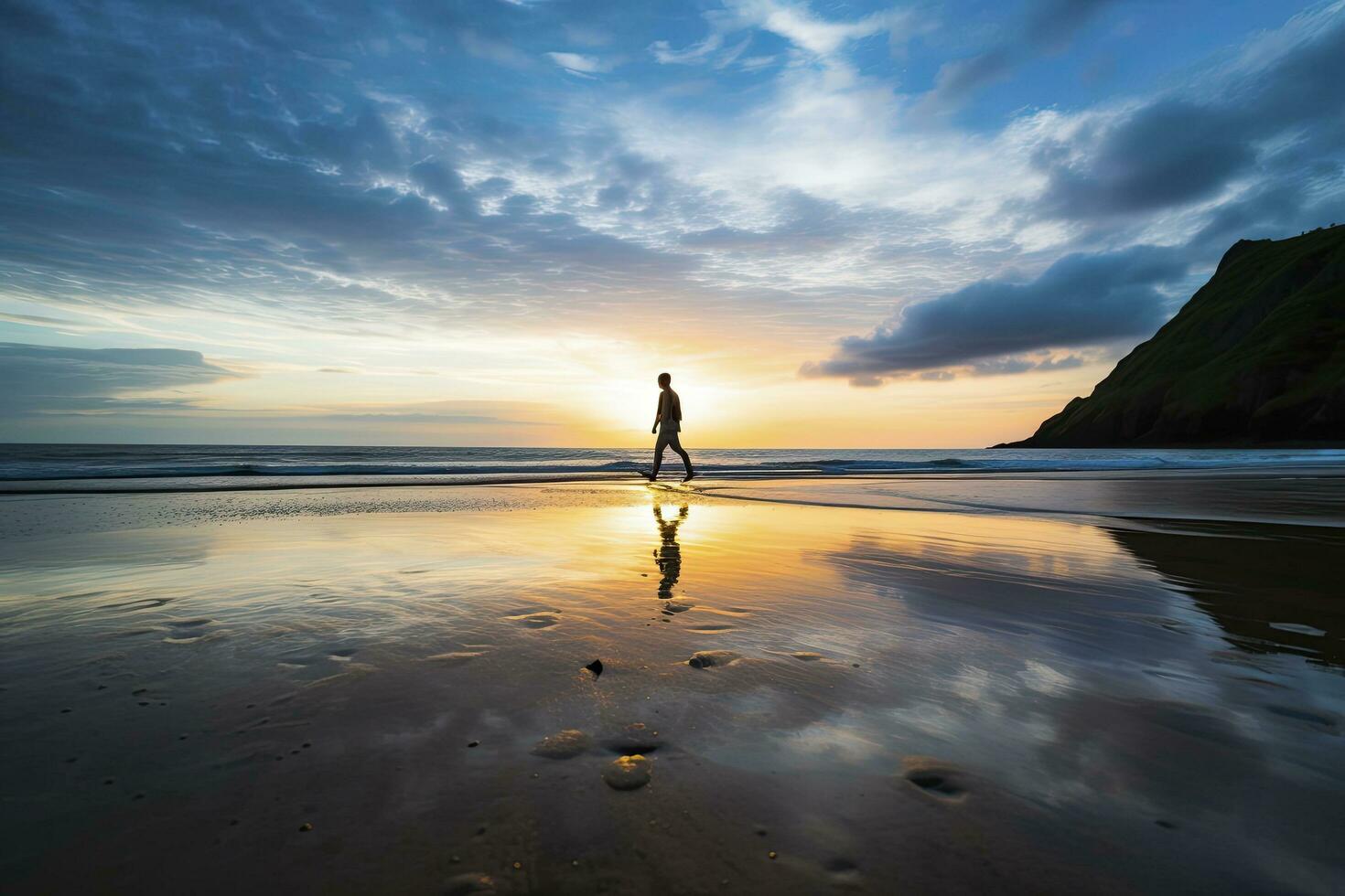 AI generated A person walking on the beach at sunset. AI Generated. photo