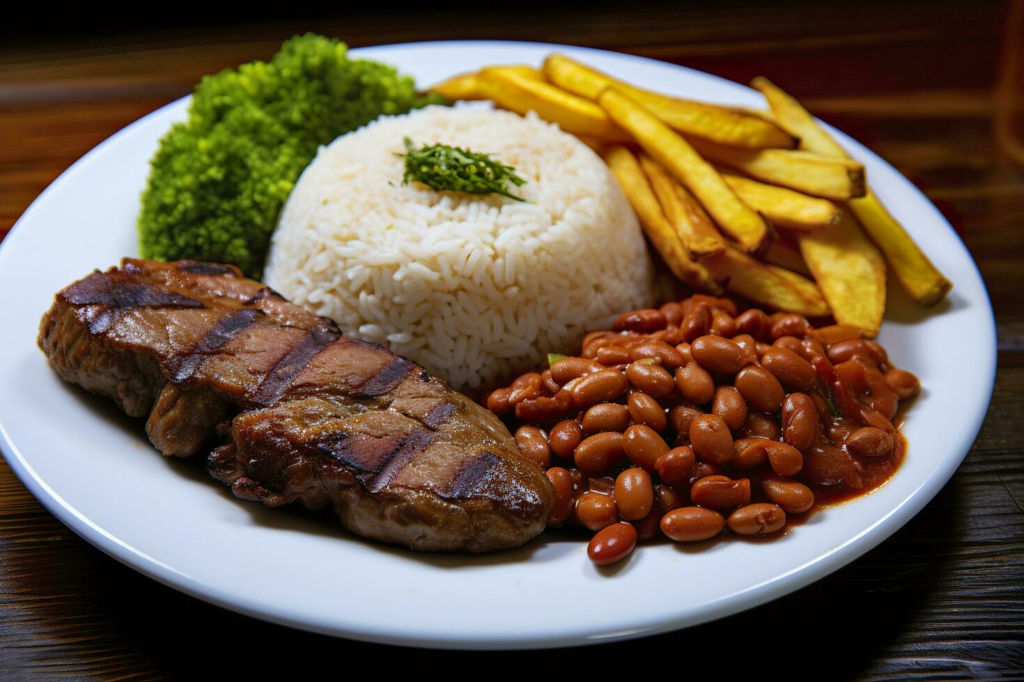 ai generado arroz, frijoles, francés papas fritas, y carne. generativo ai foto