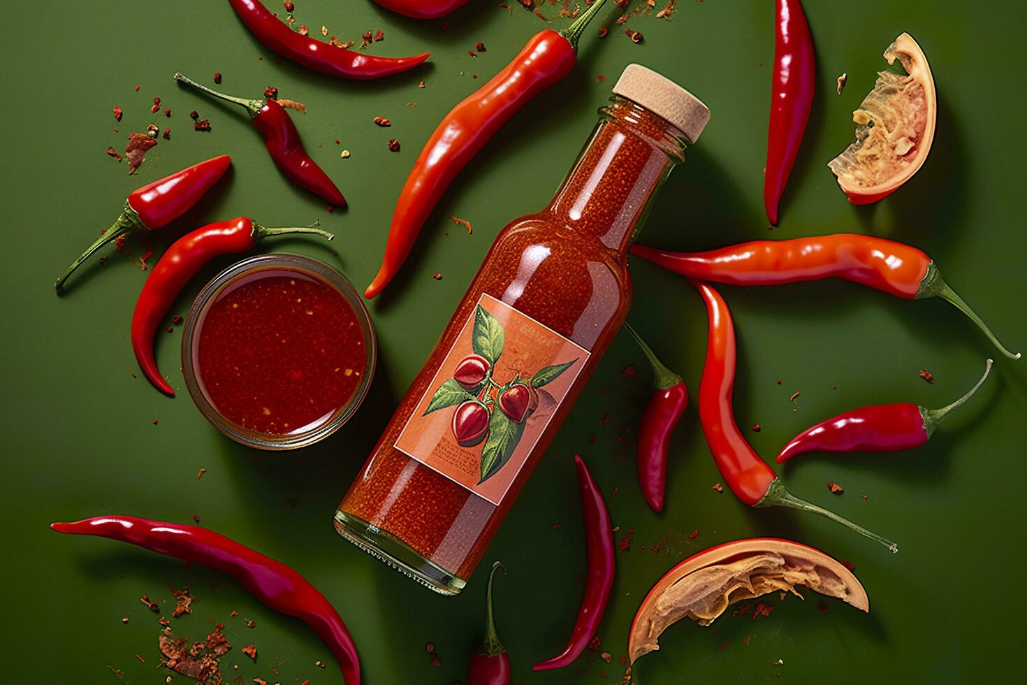 AI generated Tabasco hot pepper sauce with red chili pepper, flat lay. Generative AI photo