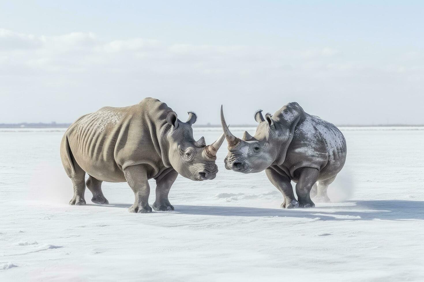 ai generado dos rinoceronte consiguiendo Listo para lucha en hielo. ai generado foto